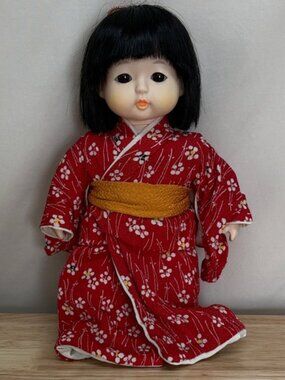 12” Vintage Red Kimono Doll with Black Hair